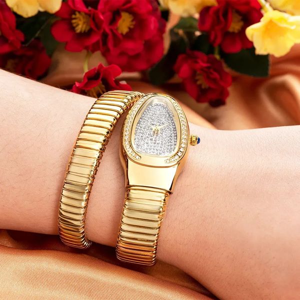 Reloj de lujo de alta calidad para mujer Serpiente Lleno de diamantes Relojes de pulsera de mujer Relojes de pulsera de plata dorada Relojes de cuarzo para mujer de fiesta de moda para mujer con caja