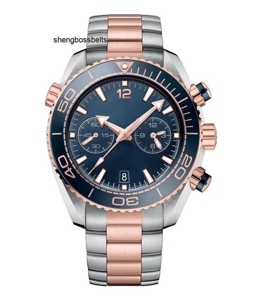Montre de luxe haut de gamme 44mm montre-bracelet homme montre de sport à quartz chronographe or rose bracelet en cuir bleu saphir cristal étanche lunette en céramique