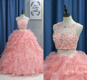 Luxe Tow Stuk Baljurk Zoete 16 Jurken Quinceanera 2019 Ruches Organza Beaded Crystal Tiered Skirt Prom Gowns Vestido de Jurk