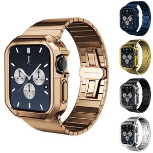 Luxe TPU elektroplate -kisten roestvrijstalen riemen bamboe kettingbanden Butterfly Clasp Beschermende dekband band voor Apple Watch 3 4 5 6 7 8 Size 42 44 45 49mm