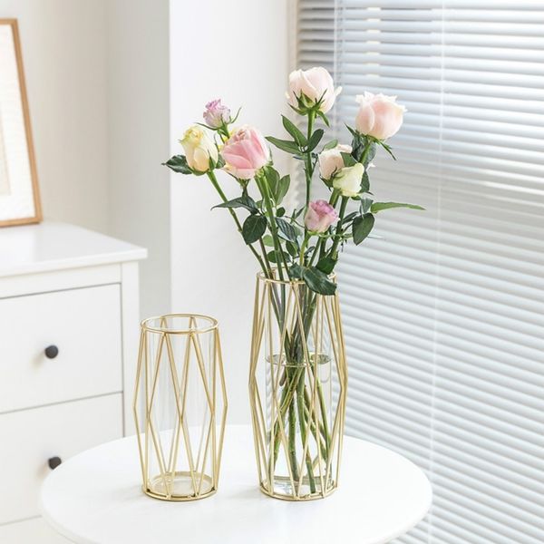 Vases en verre transparent de luxe avec métal doré petit vase hydroponique géométrique maison chambre fleur décoration ornements 210310