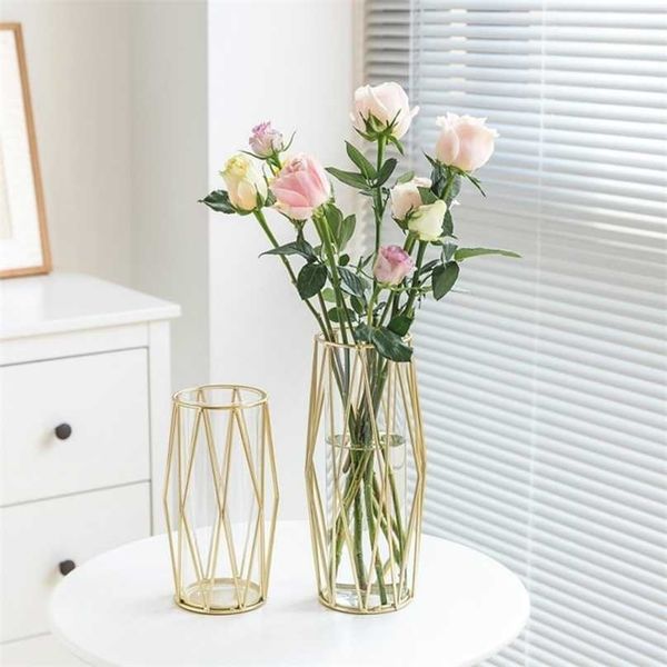 Vases en verre transparent de luxe avec métal doré petit géométrique hydroponique maison chambre fleur décoration ornements 211215