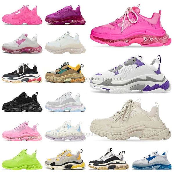 Balenciaha Triple S Zapatos casuales con suela de cristal Hombres Mujeres Fondo transparente OG Neón Verde Amarillo Arco iris Tripler Rosa Negro y blanco Vintage Beige Rojo Zapatillas para caminar