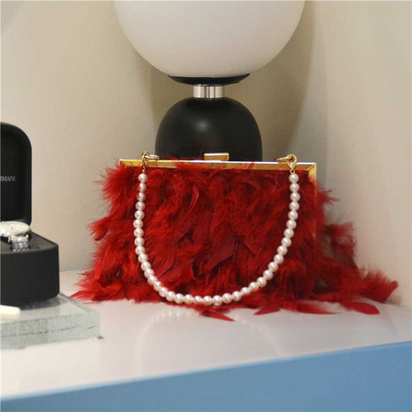 Sac à main de luxe en plumes de dinde pour femmes, pochette de soirée avec chaîne de perles, sac à main de fête pour femmes 230202