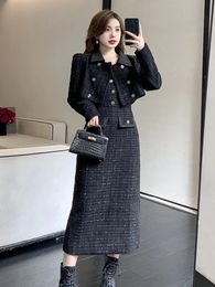 Luxe Tweed Tweedelige Set Damesoutfits Vrouwelijke Vintage Revers Korte Jas JasSpaghettibandjes Jurk Pak Herfst Winter Wollen S 240102