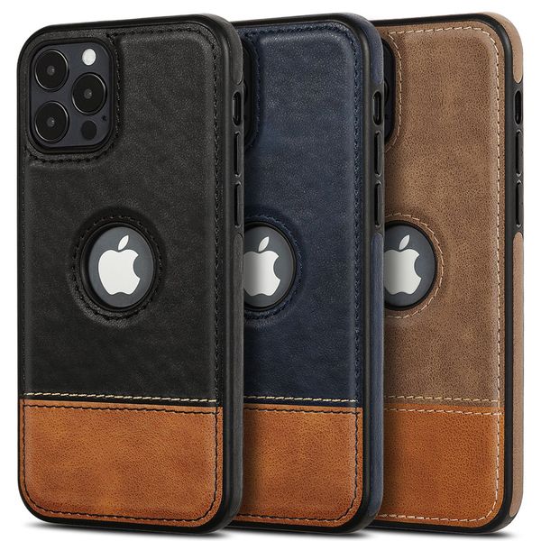 Fundas delgadas vintage de cuero híbrido con costuras de dos colores de lujo Vista de logotipo Agarre suave antideslizante Cubierta protectora a prueba de golpes de TPU suave para iPhone 13 11 Pro Max 12 XS XR X 7 8 Plus