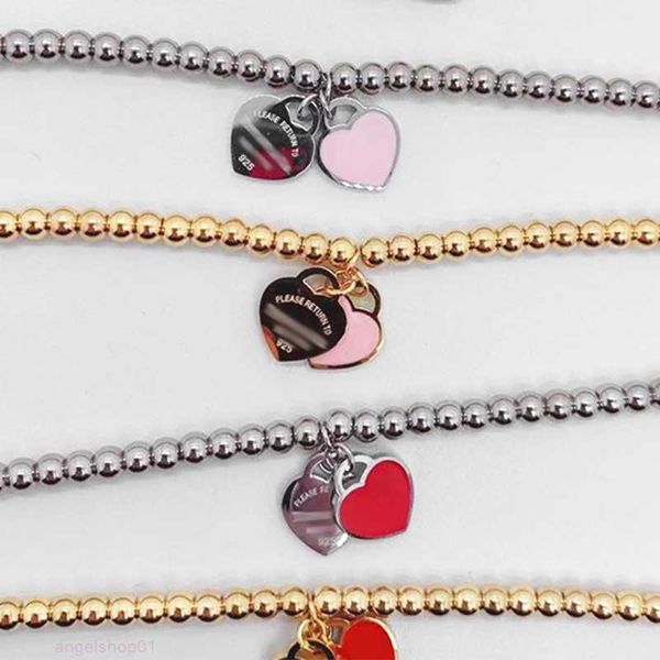 Bracelet de perles de luxe à deux cœurs pour femmes, chaîne en acier inoxydable, pour couple, accessoires pour femmes, rose, rouge, vert, bleu, vente en gros