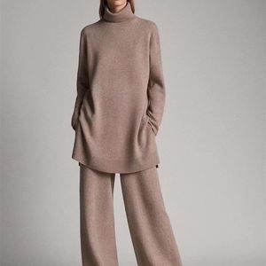 Luxe deux pièces 45% cachemire + 30% laine costumes femme col roulé chaud vison hauts en tricot large jambe pantalon ensembles F688 211106