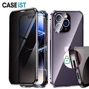 Caseïst 2 in 1 anti -spion peep magnetische adsorptie gesp gewekt telefoonhoes privacy dubbelzijdig scherm gehard glazen metalen cover voor iPhone 15 14 13 12 11 pro max plus mini