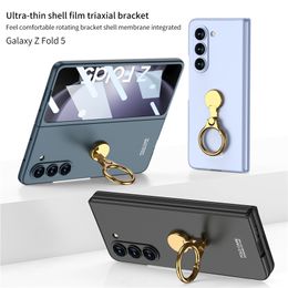 Luxe ultradunne geharde folie Vogue telefoonhoes voor Samsung Galaxy Z Opvouwbare Fold5 5G Duurzame ringhouder Volledige beschermende effen kleur membraanbeugel Fold Shell