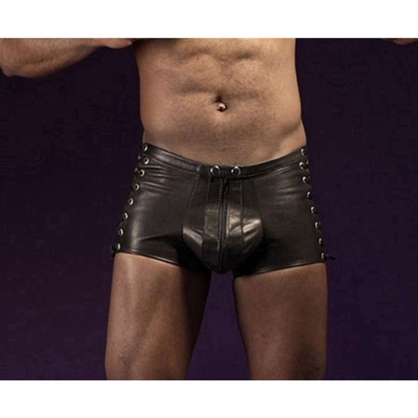 Luxury Underwear Mens Men Men Lingerie Patent Le cuir Boxer Shorts sous-pants avec joint torique Sexy Leopard Male Briefs Tiroirs Kecks Thong 8UC8