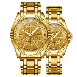 Luxe Unisex Creative Golden Mens Quartz Horloges Vrouwen Mannen Volledige Staal Luxe Klok Merk Horloges Liefhebbers Waterdichte Gouden Horloge