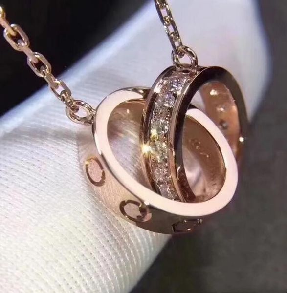 Luxe Unisexe Collier Designer Bijoux parti Argent Sterling double anneaux diamant pendentif Or Rose colliers pour femmes déguisement longue chaîne bijou cadeau