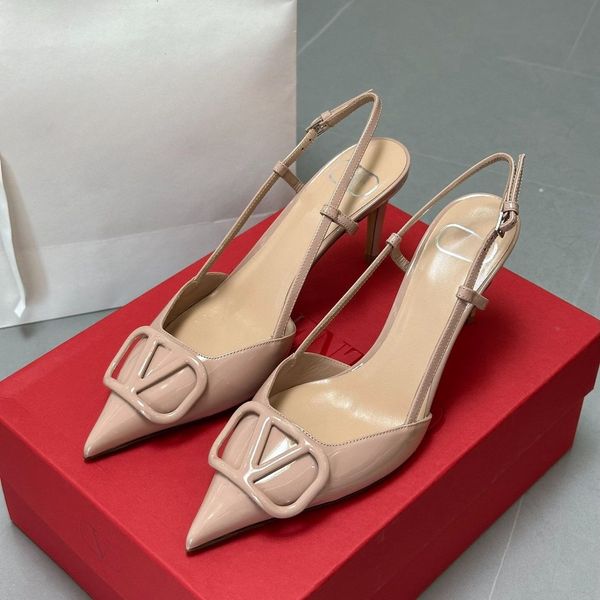 Sandalia puntiaguda de marca V de lujo para mujer, 6 cm, 8 cm, 10 cm, tacón alto fino, botón en V de Metal, zapatos de boda de cuero genuino para mujer, talla grande 34-44