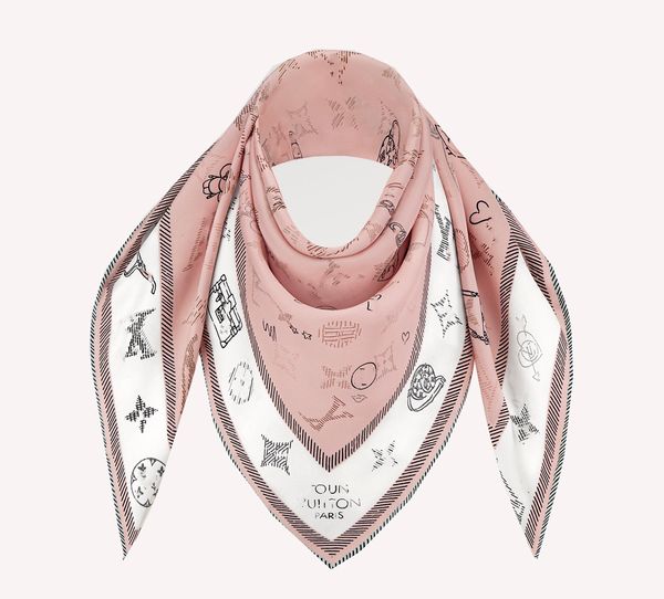 Luxe V Designer Foulard en Soie pour Femmes Hommes Mode Foulard Anneau Plein Monogramme Motif Liste de souhaits Bandeau Foulards carrés Hijab Bord roulé à la Main Cadeau 90 cm Blanc Rose