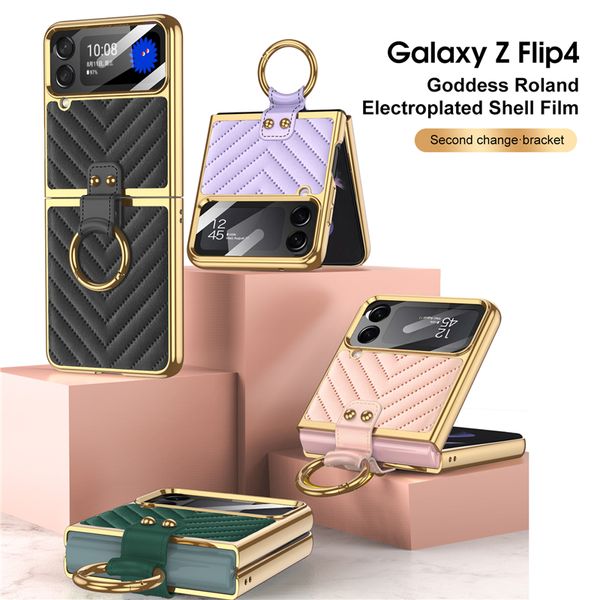 Coque de téléphone Vogue de luxe en placage de grain en V pour Samsung Galaxy Folding Z Flip4 5G Porte-bague de doigt Protection complète Soft Bumper Support en cuir solide Membrane Fold Shell