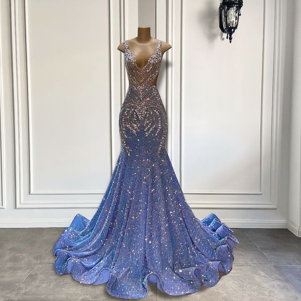 Luxury V-Neck Long Prom Robe 2023 Sparkly Style Silver Crystals Crystals bleu clair Sequin Black Girls Party Femme Forme Robe de Soiree Customée