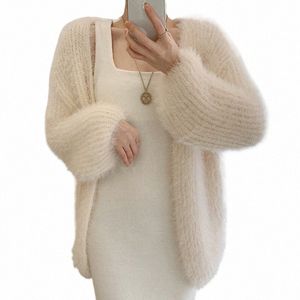 Luxe V-cou Vison Cmere Tricot Cardigan Mohair Crochets Pull Manteau Casual Lanterne Manches Tops Jersey Mujer Sueters De Mujer S3dA #