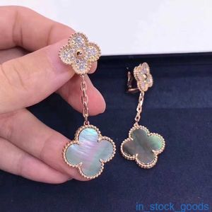 Luxe Vanclef Designer oorbellen voor vrouw senior originele hoge editie v goud dik vergulde 18k rose goud vier blad grasgrijs vol diamanten earring