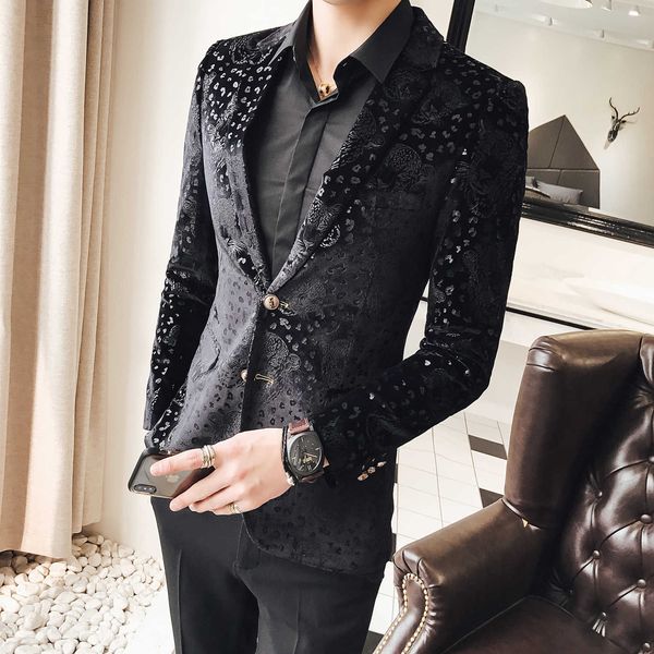 Terciopelo de lujo Flor negra Blazer Hombres Negocios Casual Blazer Hombre Slim Fit Traje Chaqueta Traje Formal Fiesta de boda Traje de fiesta 210527