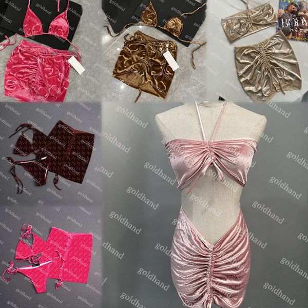 Terciopelo de lujo Cómodo Bikini Diseñador Mujer Sexy Conjunto de 3 piezas Traje de baño Marca de moda Carta Textil Traje de baño