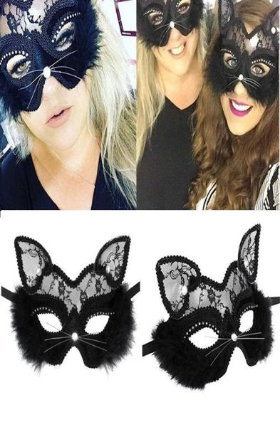 Máscara de mascarada veneciana de lujo para mujeres y niñas, máscara de ojo de gato negra de encaje sexy para disfraces, fiesta de Halloween de Navidad Q08066319178