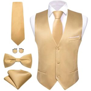 Luxe Vest voor Mannen Goud Effen Zijde Satijn Vest Vlinderdas Set Mouwloos Jasje Bruiloft Formeel Mannelijke Gilet Pak Barry Wang 240125