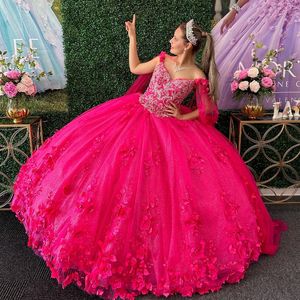 Robe De luxe De 15 Anos Rose rouge Quinceanera robes 3DFlower perles avec Cape filles mexicaines douce 16 robe De fête d'anniversaire