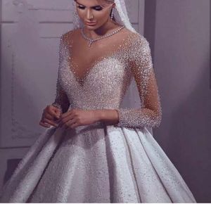 Luxe vestidos kralen kristallen arabische trouwjurk 2024 lange mouwen dubai bruidsjurken vloerlengte robe de marie