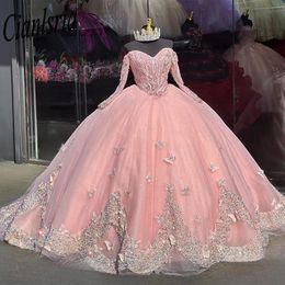 Luxe vestidos de xv anos 2024 roze quinceanera jurken bloemen applique lange mouwen sweet 16 prom jassen
