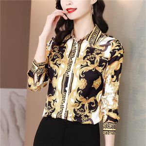 Luxe Vintage Barokke Print Blouses Vrouwen Lange Mouw Revers Button Shirt Kantoor Dames Zijden Print Shirts 2022 Lente Herfst Woman1561