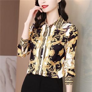 Luxe Vintage Barokke Print Blouses Vrouwen Lange Mouw Revers Button Shirt Kantoor Dames Zijden Print Shirts 2022 Lente Herfst Woman245i