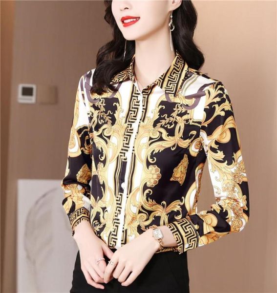 Luxury Vintage Baroque Imprimé Blousses Femmes Butt à manches longues Shirt Office Bureau Silk Print Shirts 2022 Spring Autumn Woman8165868