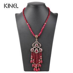 Luxe vintage lange kwast hanger ketting voor vrouwen antieke goud kleur Turkse rode kristallen trui Indiase bijoux