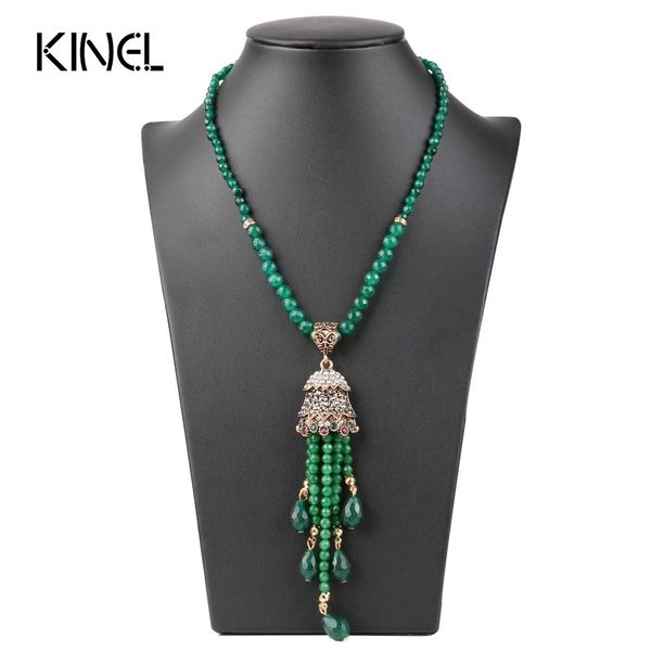 Collier de luxe Vintage avec pendentif Long avec pampilles pour femmes, couleur or Antique, pull en cristal vert turc, Bijoux indiens