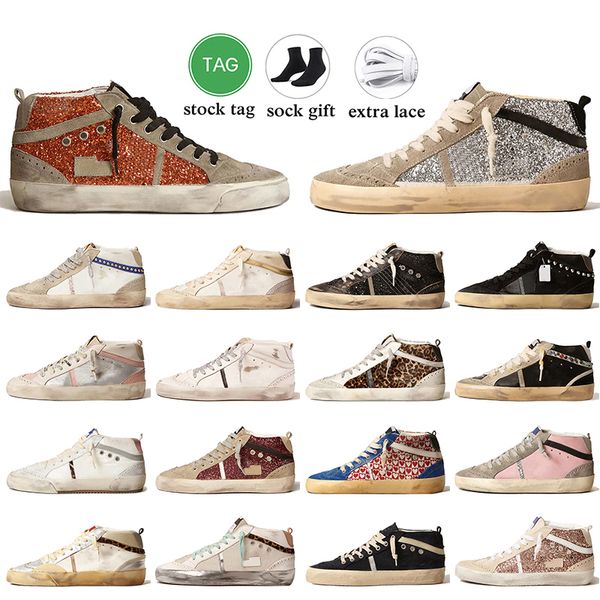 Plataforma vintage de lujo Glitter Mid Star Zapatillas de deporte Diseñador Zapatos casuales Cuero de gamuza Borgoña Plata Oro Rosa Cebra Italia Marca hecha a mano para mujer Entrenadores para hombre