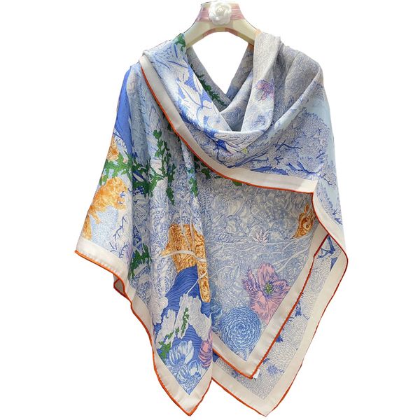 Foulard en soie imprimé carré vintage de luxe pour femmes sergé H châles Foulard Femme motif de chariot grands foulards Foulard carré en cachemire de soie motif arbre et herbe 140*140