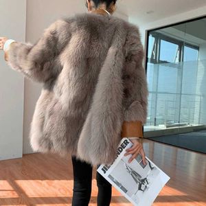 Luxe vintage vrouwen winter vos bontjas met faux lederen pak kraag 2020 nieuwe warme bontjack sexy streetwear overjas meisje y0829