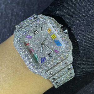 Luxe VVS Moissanite Square Dial Roestvrij stalen horloge Hip Hop Iced Buste naar beneden Sterling Silver Custom Luxe