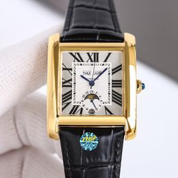 Luxe W5330008 herenhorloge geel goud 2824 automatisch roestvrijstalen rechthoek horloge Romeinse cijfers witte wijzerplaat saffierkristal zwarte lederen band 6 kleuren