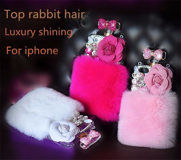 Luxe Chaud Fourrure Bouteille De Parfum Diamant Bowknot Fleur Cas De Téléphone Pour iPhone 12 Mini Pro Max Chaîne Sac À Main Bouteille De Parfum Longe 8plus Cas