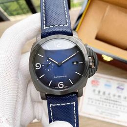Luxe horloge 44 mm kiezermaat voor heren Mechanisch horloge Volledig roestvrijstalen vaste gesp mode blauw lederen bandmensen automatische polshorloges geen doos