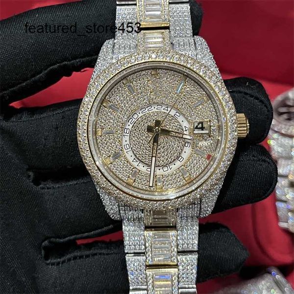 Reloj de lujo Diamante completo VVS Alta calidad Iced Out Trabajo funcional Movimiento automático 42 mm Plata Dos piedras Resistente al agua Acero inoxidable 904 Sin marco Conjunto Cristal de zafiro