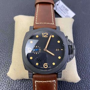 Reloj de lujo Pam 17 Estilo Buceo Movimiento mecánico 44 mm Carcasa de fibra de carbono Correa de cuero Correa de reloj Cristal de zafiro Super luminoso