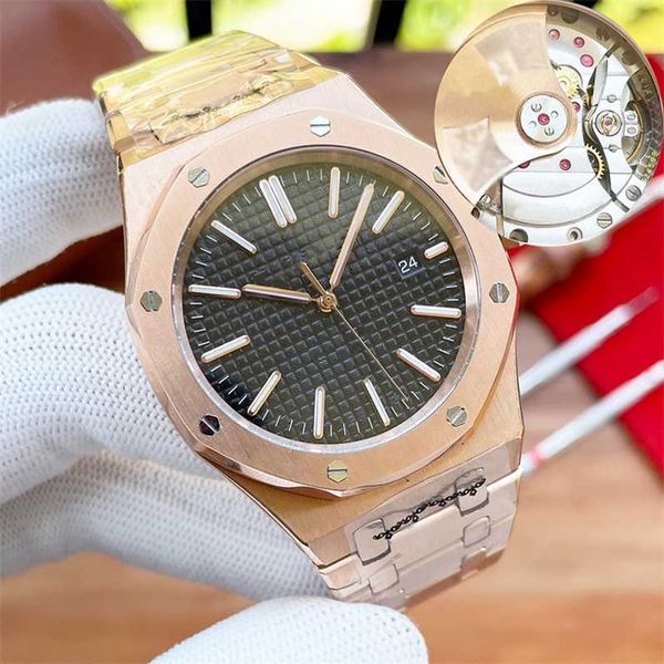 Reloj de lujo Cuarzo con logotipo Acero inoxidable Resistente al agua Caja original Reloj Royal Caja en oro rosa Esfera negra Movimiento mecánico para hombre Barrido 41 m ySB59 Royaloak