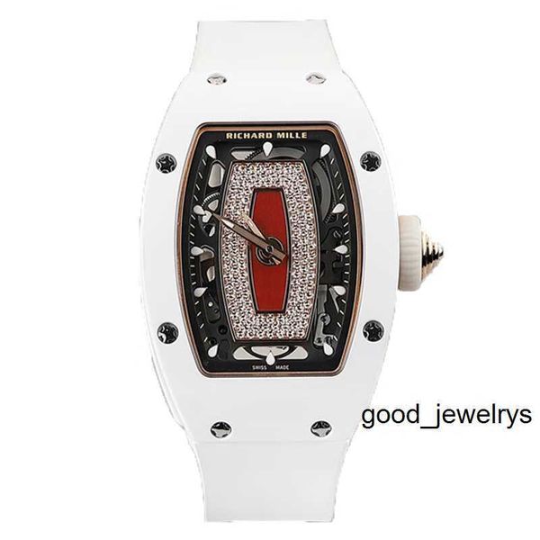 Montre de luxe RM Montre-bracelet Richards Milles Montre-bracelet Automatique Mécanique Tourbillon Montre-bracelet RM07-01 Céramique blanche Bague à lèvres rouge Diamant Femme