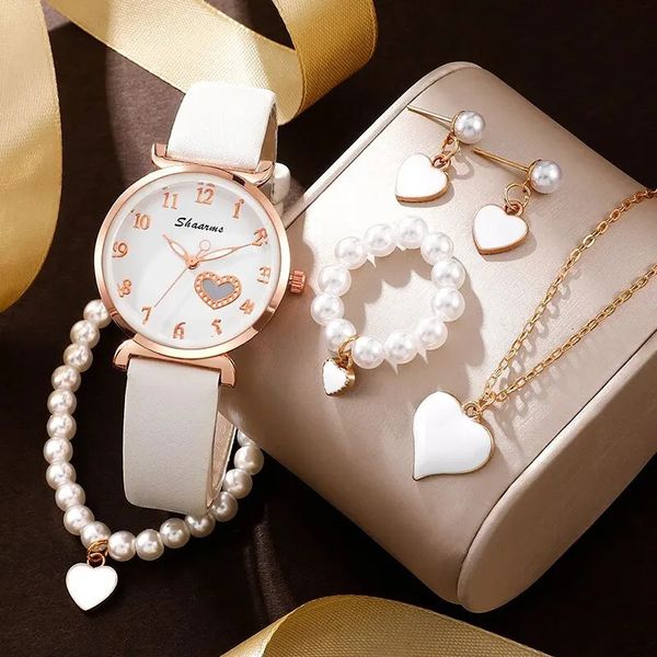Luxury Watch Femmes Perle Ring Collier Boucles d'oreilles Bracelet Set Montres Love Design Ladies en cuir Robe Robe Quartz Wristwatch 240425