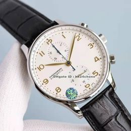 Luxe horloges 371604 Portugieser 41mm roestvrij staal ETA7750 Automatische Chronograph Mens Watch Sapphire Crystal Silver Dial Lederen band heren Horloges