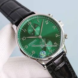 Relojes de lujo 371615 Portugieser 41 mm de acero inoxidable EtA7750 cronógrafo automático hombre reloj zafiro de zafiro dial verde de cuero 253h