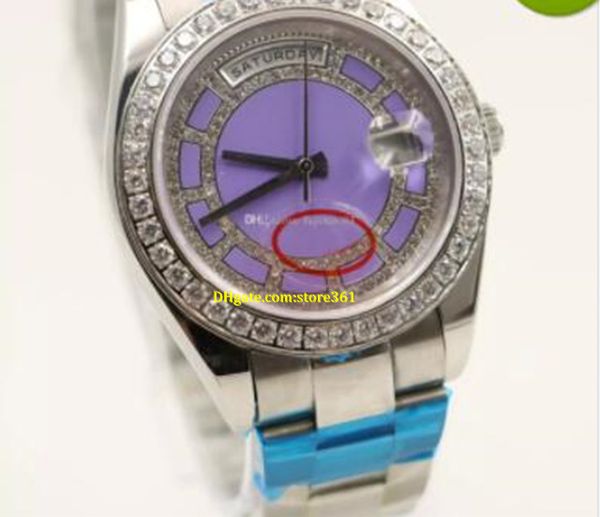 montres de luxe 40MM Montres automatiques pour hommes de luxe Montres jour affichage de la date cadran violet rond avec boîtier de montre en acier inoxydable diamant